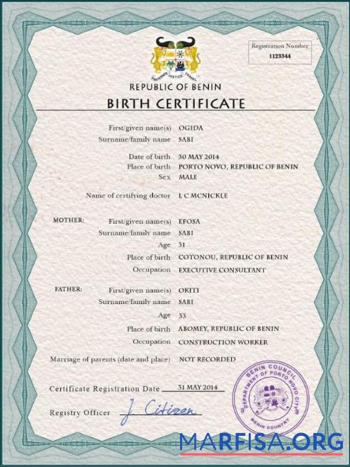Downloadable Benin vital record birth certificate PSD template